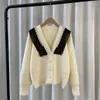 Kvinnors stickor Kort fast färg Cardigan Sweater Coat 2024 Spring Autumn Fashion Elegant Pin Bead V-Neck Långärmstick