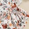 Rompers sommar rygglösa baby flickor bodysuits söta födda klädkläder ruffle ärmlös brud blommor tryck romper med pannbandsset