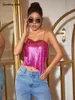 Women's Tanks Shiny Fashion Pink Metal Mesh Crop Top For Girls Sexy Night Club Slim Chain Backless Metallic Mail Party Birthday