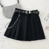 Punk Mini Skirt With Chain Belt Rock Girl Cheerleading Belted Pleated Alt Women Egirl Y2K Outfit 240420
