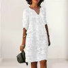 Casual Dresses Female Beach Dress V Neck Half Hides Flower Brodery Pullover Elegant Wear White Color Women Summer Loose Midi