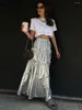 Skirts 2024 Casual Spring Autumn Women Punk Silvery Metallic Skirt Solid Color Elastic High Waist A-line Streetwear Party Chic