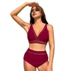 Dames badmode vrouwen sexy bikini set v-neck gewatteerde bh high taille vrachtwagens mesh splicing badpak strandkleding zwemmen