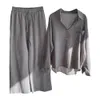 2 PCS / SET FEMMES TOPS PANTS CONSTER LOBE TYPE LOBE À UNEUX BREAT ELASTIQUE LAG LEG LEG Blouse Pantal