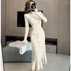 Casual Dresses Autumn Women Sweater Dress Fashion Sticked Single Breasted Midi Vintage BodyCon Elegant Ruffles Party Q739