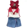 Clothing Sets Girl Set Autumn Fashion Turn Down Collar Pullover Cute Embroidered Colour Blending Short Cotton Denim Skirt Vest