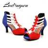 Dance Shoes Ladingwu Latin Women Suede Red Blue White Match Wide Thin High Heel 7.5cm Salsa Performance Ballroom Dancing