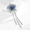 Brooches Shining Luxury Crystal Blue Flower Brooch Pin For Women Temperament Long Tassels Retro Female Wedding Banquet Jewelry