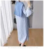 Klänningar Autumn Maternity Cotton Clothes Long Loose Casual Shirts Side Split TurnDown Collar Begimant Woman Striped Dress+Capes