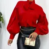 Blouses pour femmes chemises vintage Lantern Sleeve Solide T-shirt Stand Collar Lace Up Tops Office Lady 2024 printemps