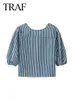 Women's Blouses 2024 Spring Chic Y2K Blouse Female Versatile Tops Short Sleeve Round Neck Striped Contrasting Bow Tie Vintage Shirt