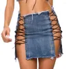 Jupes 2024 Été noir creux out denim mini vêtements pour femmes sexy club bodycon lace up fêtard femme courte jupe crayon os276