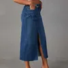 Split 2024 New Denim Women's High Waist Washed A-Line Mid Length Skirt