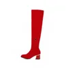 Plataforma Boots Women Over the Knee Sexy 5.5 cm Tacones de altura con cremallera Red Flock Long Woman 2024 Winter Plush Black Shoes 986