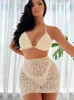 Swimwear féminin Abricot High Cut Bikini Set Lace Cover Up Massuit pour les femmes Trois pièces avec une jupe courte 2024 Coisses de bain à la plage
