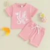 T-shirts Visgogo Baby Girl Summer Desse Sisters Matching Outfit Letter Print Crew Neck Hort Sleeve T-shirts Tops Elastische taille shorts