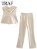 Pantalon de deux pièces à deux pièces 2024 femmes mode pantalon solide Suit sans manche hors épaule à poitrine célibataire top Simple All-Match Straitement