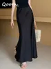 Qooth Women Elegante Satinada Satina Black Trumpet Falda de cadera larga de cintura alta para la primavera Summer QT2319 240407