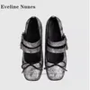 Casual Shoes Bow Buckle Strap Women Pumps Square Toe Höjd Övergripande Mental Mary Janes grunt retro Ballet 2024 Spring Est