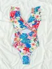 Roupa de banho feminina kawaii biquíni floral ruffles plissados de maiô highwaist y2k impressão férias férias hollow out maiô de praia de Monokini