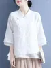 Casual Dresses 2024 Spring/Summer Cotton and Shirt Women's Brodery Art Plate Button Oblique Front 7/4 Sleeve Dress Top Women