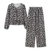 Women's Two Piece Pants Leopard Pant Sets For Women 2 Pieces Set Wide Leg And O-Neck Lace Up Shirt Blouse Tops Ladies Loose