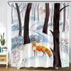 Duschvorhänge Winter Wald Aquarellbäume Pflanzen Eichhörnchen Lustige Tiere Stoff Stoff Badezimmer Vorhangdekor mit Haken