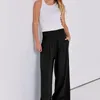 Pantalon féminin lin grand jambe boho style haute taille occasionnelle avec poches