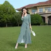 Casual Dresses Break Skirt 2024 Summer Green Bottom Print Long Slim Fit Dress Celebrity Style Wrap