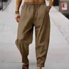 Men's Pants Men Drawstring Elastic Waist Wide Leg Striped Deep Crotch Solid Color Loose Soft Breathable Sports Sweatpants