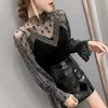 Женские футболки Ts Spring Summer Net Yarn Patchwork Sexy Tops Tees с длинным рукавом с твердым цветом кружев