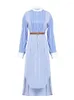 Casual Dresses Dress Women's Blue and White Standed Shirt French Spring Autumn Midje Stängstil Långa kvinnor