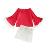 Clothing Sets 2-6Years Girls Three-piece Skirt Suit Red Patchwork Boat Neck Flared Sleeves Pullover A-line And Waistband