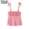 Women's Tanks Bow Pink Crop Top Women Ruched Satin Sleeveless With Straps Backless Sexy Summer Tops Woman 2024 Cute Short