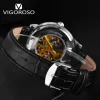 Kits Vigoroso Mechanical Watch Men Black Brown Leather rostfritt stål Case Skeleton Gold Movement Brand Wristwatch Relojes Masculino