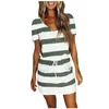 Casual Dresses Summer Women Stripe Splice Elegent Short Sleeve V-Neck randig smal klänning kvinnliga fickor midi bomull 2024