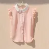 T-shirts Korean Children Girls Shirts Summer Chiffon Cool Tops Teenage Girls Ruffle Blouse Kids Sleeveless Turndown Collar Vest Shirts