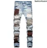 Herren Jeans European Jean Hombre Patch Männer Stickereien Patchwork Rippt für Trendmarke Motorrad Pant