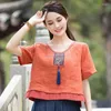 Ethnische Kleidung 2024 chinesischer Stil Feste Farbe Stickel Quaste Top Retro Elegante Kunst Baumwoll -Leinen Hemd rundes Hals Patchwork