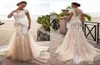 2020 Sexy 3D Floral Lace Champagne Wedding Dresses Mermaid Appliqued Sheer V Neck Bridal Gown Cap Sleeves Bow Tulle Button Back Ve9414448