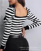 Camisetas femininas para mulheres 2024 Spring Black and White Striped Sleeve Top