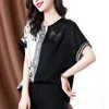 Women's Blouses 2024 Summer Printed Patchwork Blouse V-neck Fashion Commuting Versatile Short Sleeve Loose Silk Pullover Shirt Tops