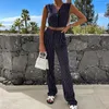 Fashion Vneck Sleeveless Vest and Long Pants Slim Suit Casual Hollow High Street Outfit Office Lady Striped Print Two Piece Set 240411