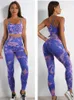 Sexy Women Yoga Bra Legging Shorts Tie Dyeing Print Outwear Running Sports Oneset Peach Buttocks Fitness Pants 240415