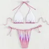 Dames badmode bikini set sexy glanzende roze touw halter micro 2024 mujer mini string badpak vrouwen metalen ring baden biquinis