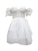 Vestidos casuais vestido branco feminino veja através de malha mangas curtas v pescoço de pescoço de renda floral de cor de cor sólida festa de verão Princesa de dama de honra