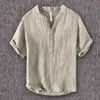 Mens Linen Shirts Henley Short Sleeve Casual Comfort Summer Breattable Semester T-shirt Lätt Beach Yoga Tunic Tops 240409