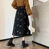 Corduroy Skirts Women Autumn and Winter New High-waisted Mid-calf Length A-line Skirt Office Lady Floral Embroidery Elegant Versatile Fashion Daily Outfits Female