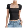 T-shirt d'été pour femmes collier carré mince sexy tops couleurs solides choux de manches décontractées 240422