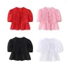 Women's Blouses Women Summer Cropped Tops Casual O-neck Puff Short Sleeve Pullover Solid Color Ruffle Hem Back Lace-up Tees For Dating